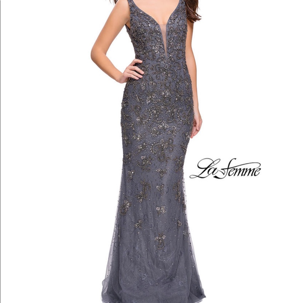 La Femme Gray Embellished Prom Dress